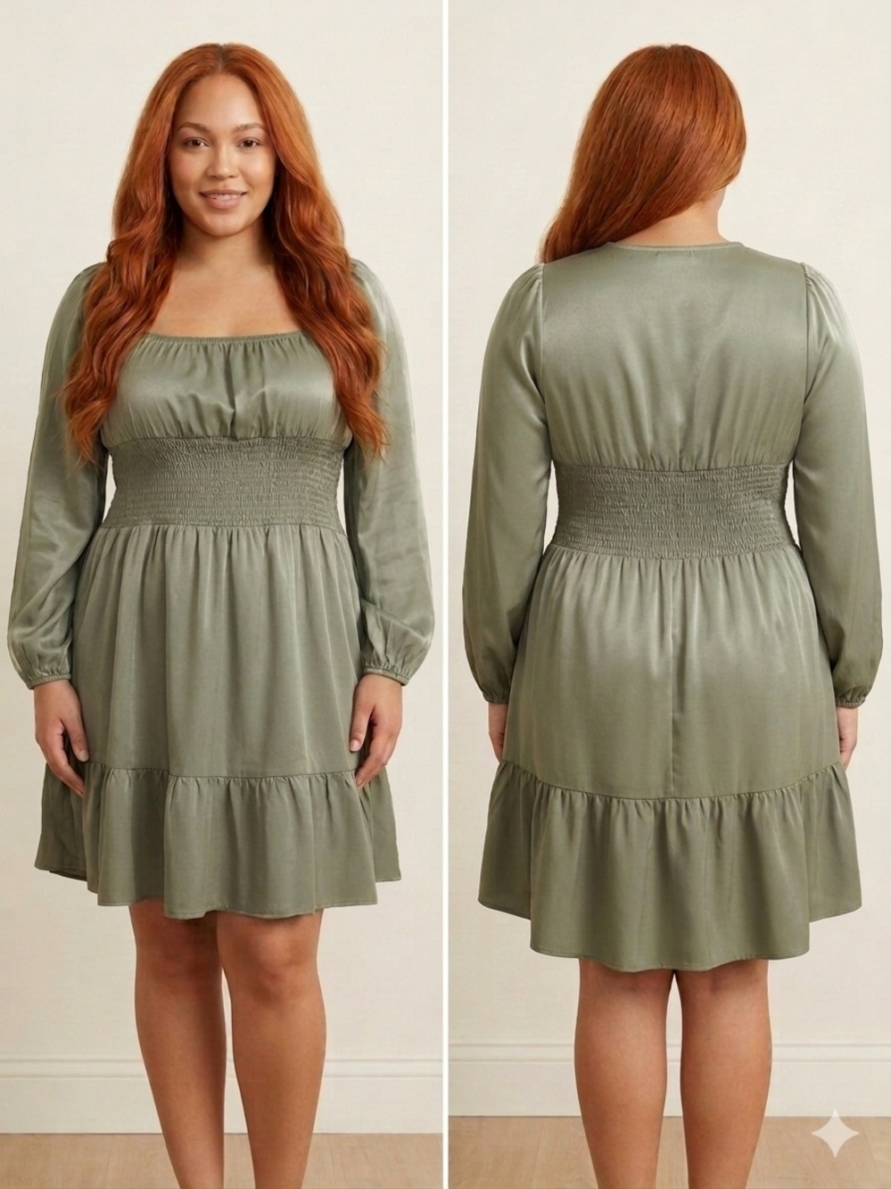 NWT Hesperus Sage Green Smocked Waist Square Neck Dress XL